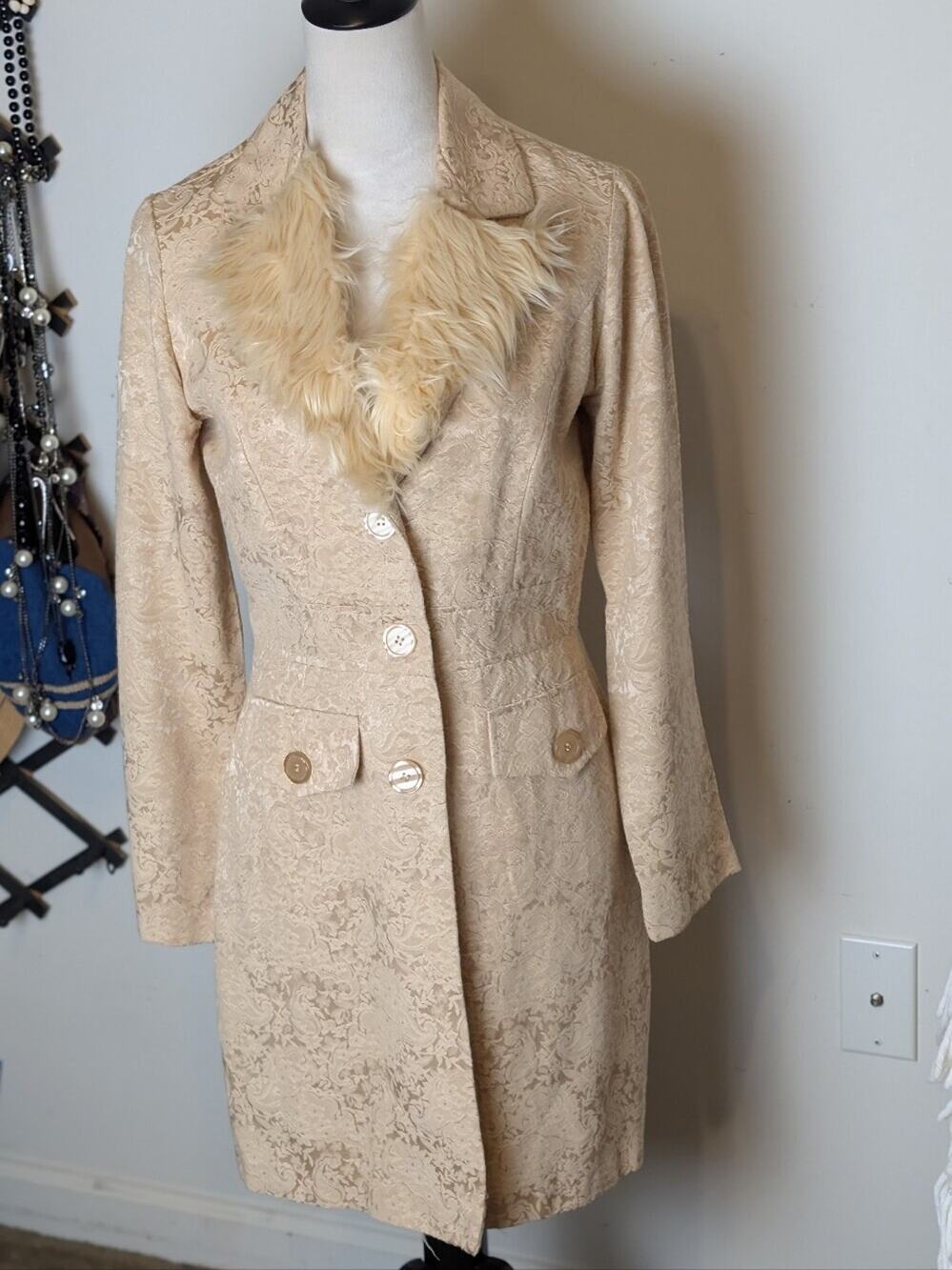 Y2K Cream Brocade Faux Fur Coat  Coquette McBling Holiday Glam Jacket